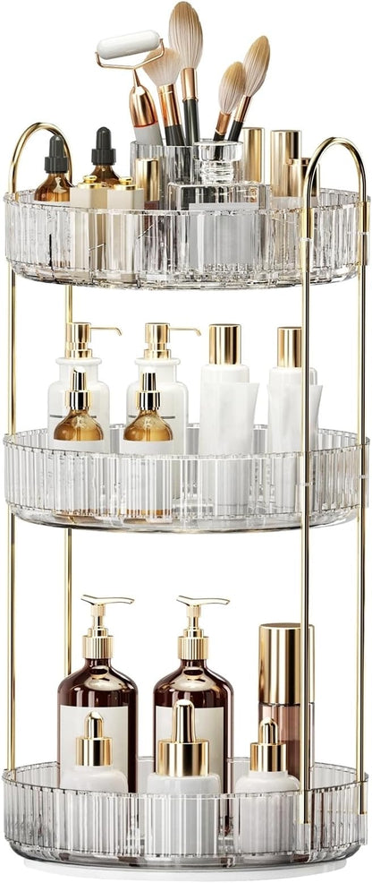360° Rotating Makeup Organizer, Large-Capacity Skincare Make Up Storage 3 Tier Perfume Organizers Cosmetic Dresser Organizer with Makeup Brush Holder, Fits Bedroom, Bathroom, Vanity Shelf Countertop