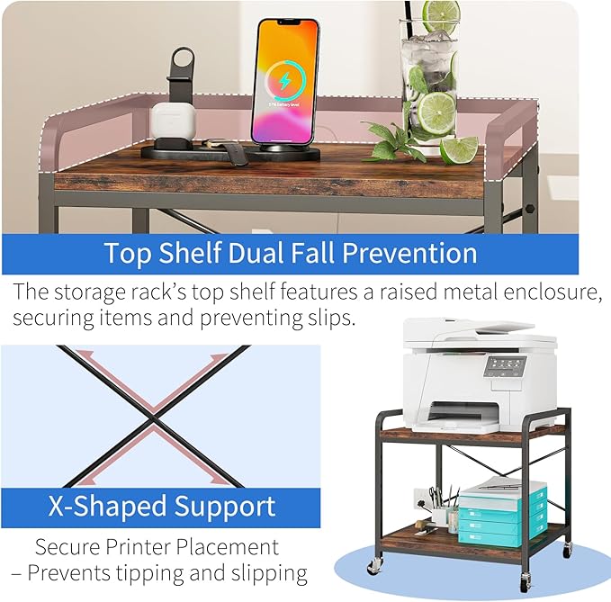 Under Desk Printer Stand with Power Outlet Large Printer Table with Adjustable Shelf,Industrial Wheels, 20 Inches Deep 2 Tier Rolling Printer Cart for Home Office, Rustic Brown