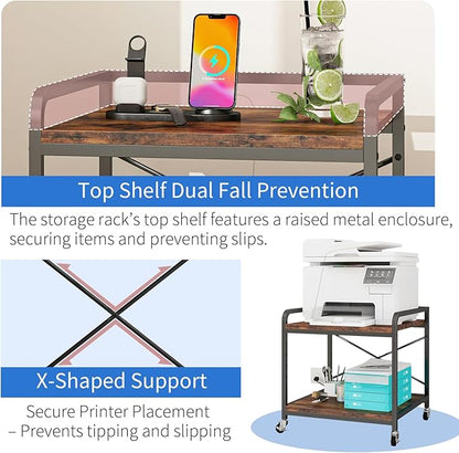 Under Desk Printer Stand with Power Outlet Large Printer Table with Adjustable Shelf,Industrial Wheels, 20 Inches Deep 2 Tier Rolling Printer Cart for Home Office, Rustic Brown