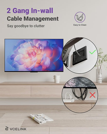VCELINK 2 Gang Brush Wall Plate (Black, 2 Pack), Cable Pass Through Wire Hider for Cable Management, Compatible with Ethernet Cables, HDMI Cables & Home Theater Systems (Black, with Bracket)