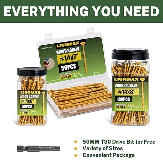 LIONMAX Deck Screws #14 x 6 Inch, 50 PCS, Long Wood Screw, Rust Resistant, Exterior Epoxy Coated for Outdoor Decking, Torx/Star Drive Head, T30 Star Bit Included