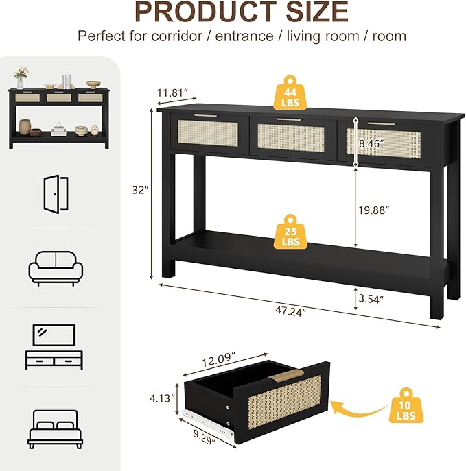 Luoxiao Entryway Table with 3 Rattan Drawers, 47" Narrow Console Table with Storage Shelf, Modern Black Sofa Table for Living Room Hallway Foyer, Slim Entry Way Cabinet, Anti-Tip, Easy Assembly