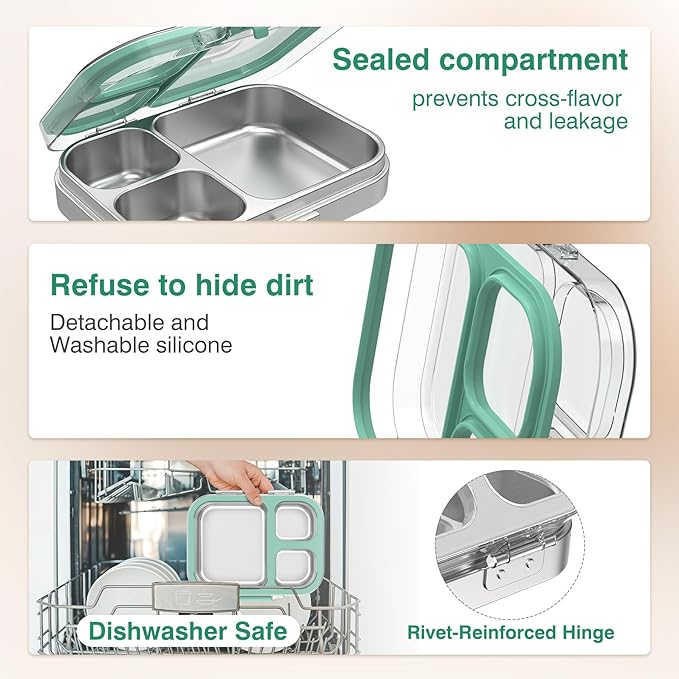 Stainless Steel Lunch Box: Metal Bento Box for Kids Adults - 3 Compartments Leak-Proof Lunch Box, Green