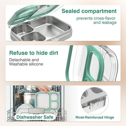 Stainless Steel Lunch Box: Metal Bento Box for Kids Adults - 3 Compartments Leak-Proof Lunch Box, Green