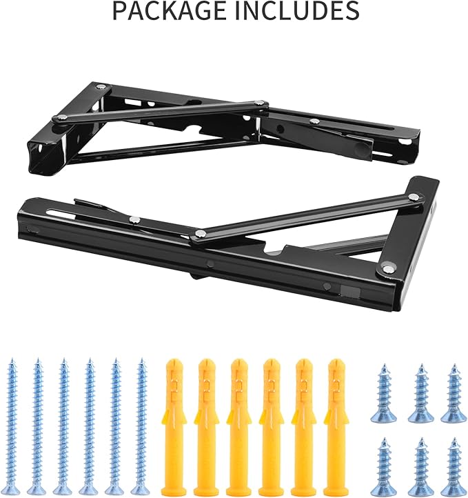 YUMORE Folding Shelf Brackets, 8 Inch Heavy Duty Collapsible Shelf Bracket, Black DIY L Bracket for Workbench Folding Table Hinge, Max Load: 300lb, 2 Pack