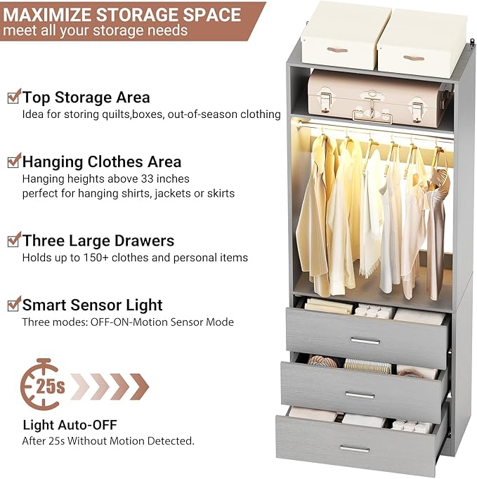 4FT Closet System with 2 Motion Sensor LED Lights, 48" Closet Systems with 6 Drawers, Closet Organizer System with 2 Hanging Rods & 2 Shelves, Heavy Duty 48 Inch Walk-in Closet, Grey
