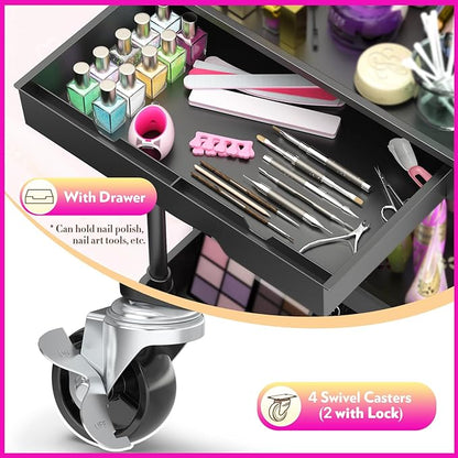 Makeup Cart Organizer with Drawers, 4 Tier Floor Skincare Organizers for Vanity, Rolling Makeup Bathroom Storage Cart Cosmetics Display Cases for Skin Care Perfume Nail Polish, Black