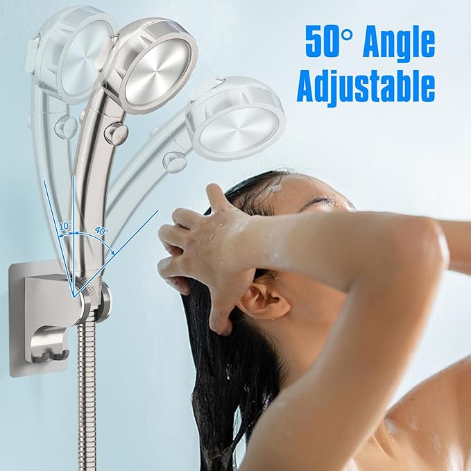 JONKEAN Shower Head Holder Without Drilling, 3m Handheld Shower Head Holder Adhesive, 50°Adjustable Shower Wand Holder Wall Mount, Shower Head Bracket with Hook (Brushed Nickel, 1 Pack)