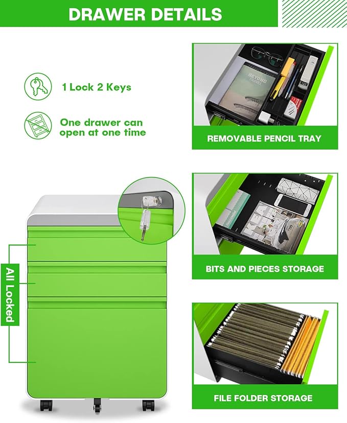 Dripex 3 Drawer File Cabinet, Metal Filing Cabinets with Lock Wheels & Hanging Rail for A4/Legal/Letter File, Anti-tilt Under Desk Design, Lockable Rolling Mobile File Cabinet for Home Office (Green)