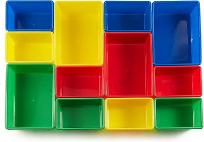 Amazon Basics Kids Toy Storage Organizer With 12 Plastic Bins, Natural Wood, Multicolor, for Bedroom and Playroom, 33.6" W x 10.9" D x 31.1" H