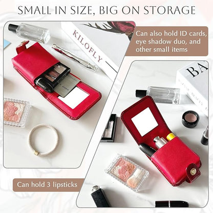 kilofly Genuine Leather Double Lipstick Case Cosmetic Makeup Holder + Gift Box