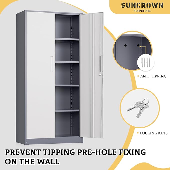 SUNCROWN 72" Metal Storage Cabinet - Heavy-Duty Metal Garage Cabinet with 4 Adjustable Shelves & 2 Doors for Tools, Office, Home, Workshop,Grey & White-Small