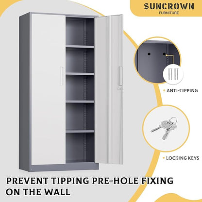 SUNCROWN 72" Metal Storage Cabinet - Heavy-Duty Metal Garage Cabinet with 4 Adjustable Shelves & 2 Doors for Tools, Office, Home, Workshop,Grey & White-Small