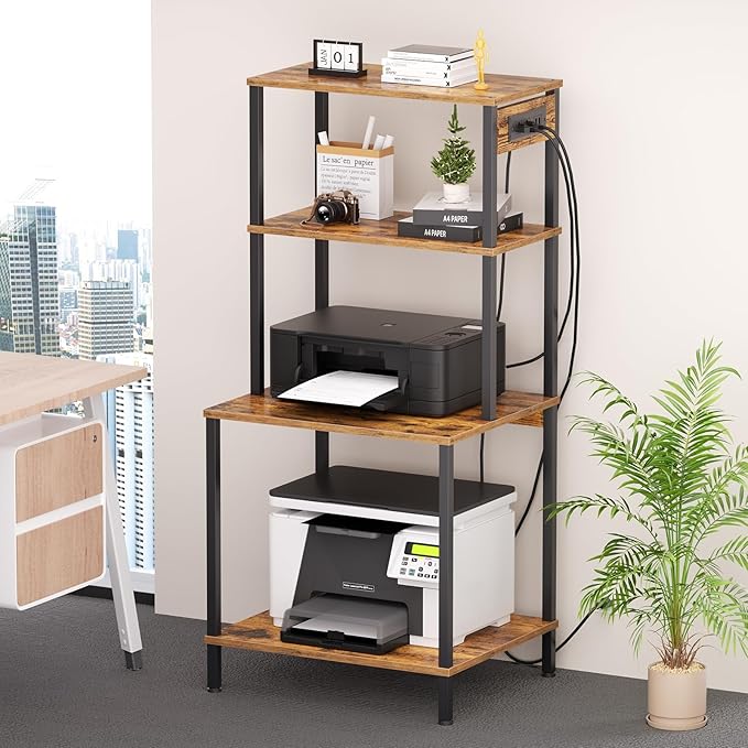 Printer Stand with Charging Station, 49"Tall 4-Tier Printer Stand with Storage, Large Printer Table for Home Office, Kitchen, Living Room, PrinterCart Beside Desk for Printer, Scanner (Rustic Brown)