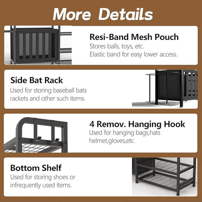 Garage Sports Equipment Organizer, Golf Bag Storage Rack, Heavy Duty Ball Holder with Basket & Hooks, Indoor/Outdoor Basketball Storage Bins for Toy Sports Gear Storage