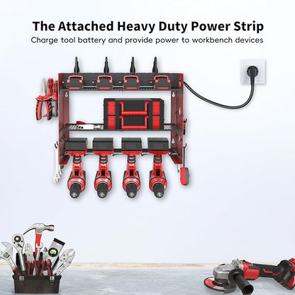 NWH Power Tool Organizer Wall Mount with Charging Station，3 Layer Storage Rack for Organization 4 Drill Storage Shelf with Hooks, Drill Bit Heavy Duty Rack, with 8 Outlet Power for Garage and Workshop