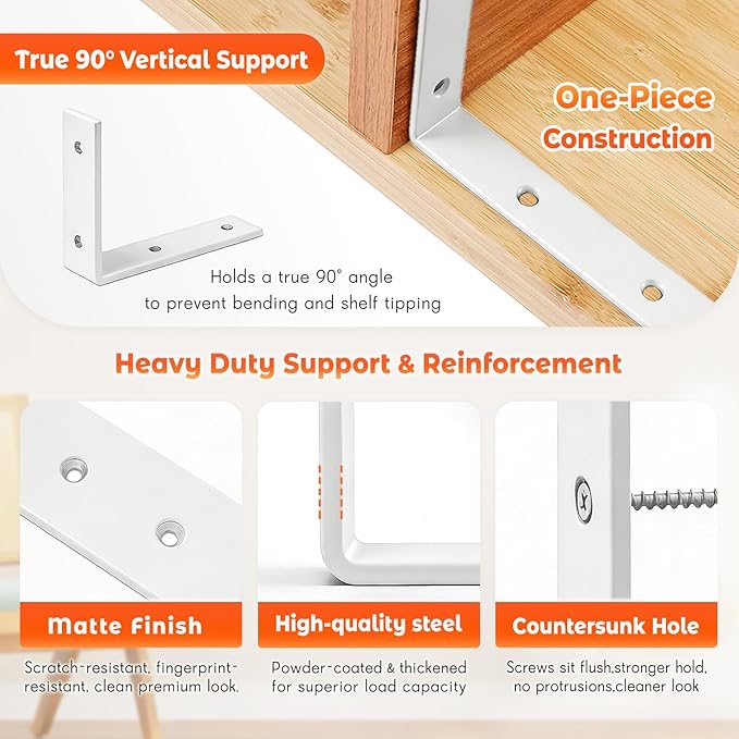WINKER Shelf Bracket 6 Pack 10" Lx6 Hx1.5 W 5mm Thick Heavy Duty White 10 Inch Metal Iron L Brackets for Wall Shelves