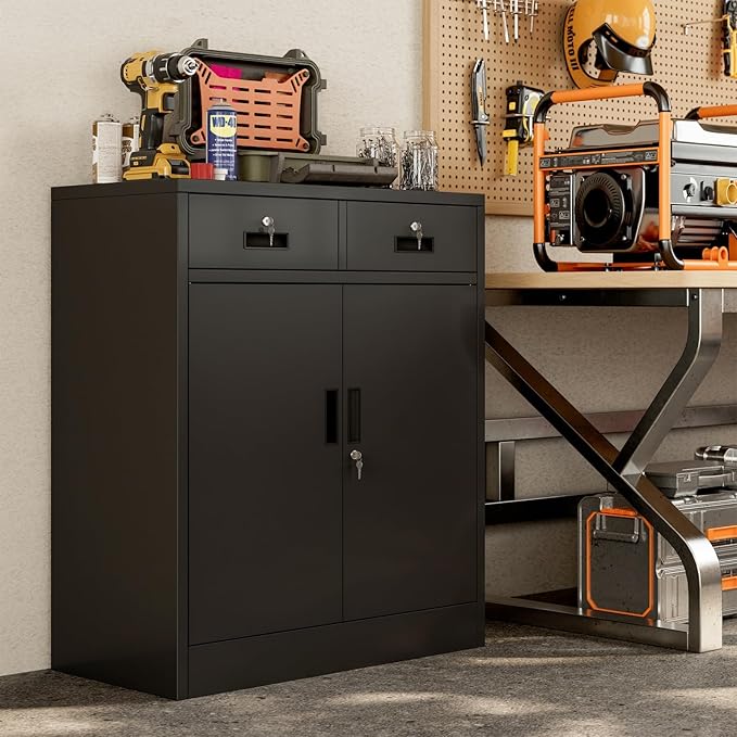 BESFUR Metal Storage Cabinet, Garage Storage Cabinet with 2 Drawers and Adjustable Shelf, Locking Short Storage Cabinet for Office Garage Home, Black Metal Cabinets(36" H x 31.5" W x 16" D)
