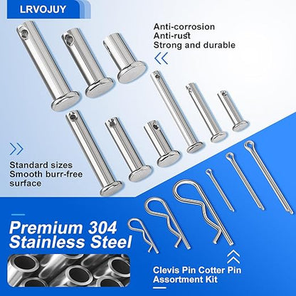 150PCS Premium 304 Stainless Steel Clevis Pins Cotter Pins R Clips Assortment Kit, 15 Sizes Single Hole Flat Head Cotter Clips Fasteners for Trailer Hitch, Automotive, Machinery Use