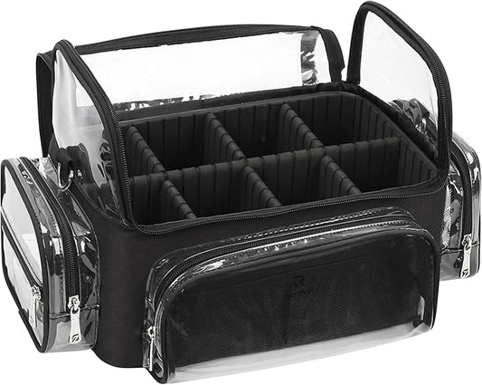 TANTO Makeup Brush Case, Clear Extra Large Cosmetic Organizer Holder Professional Makeup Artist Train Case with Adjustable Dividers&Strap Portable Makeup Brush Holder (02A-Black（XX Large）)
