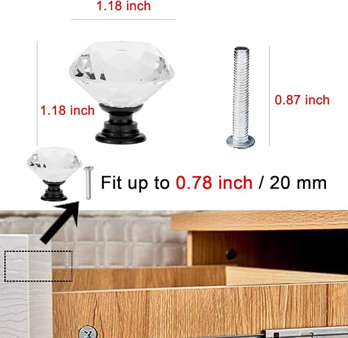 YourGift 6 Pack Drawer Knobs Diamond Shaped Crystal Glass 30mm Cabinet Knobs Pull Handles (30 mm, 6 Pack, Black)