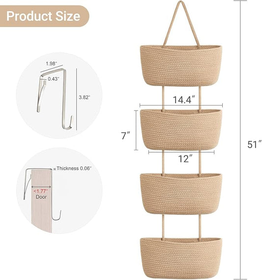 Dahey Over The Door Hanging Basket 4-Tier Woven Boho Wall Mounted Storage Organizer with Hooks for Bedroom Nursery Bathroom Apartments Dorm Pantry Decor, Jute