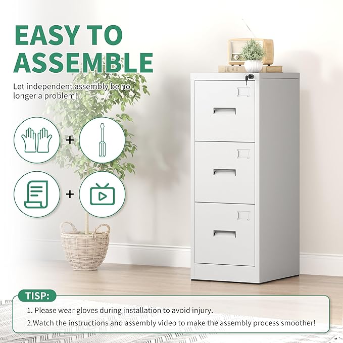 3 Drawer File Cabinet, Vertical File Cabinets with Lock for Home Office,Heavy Duty Office Steel Filing Cabinet for Hanging Letters/Legal/A4, Assembly Required (White)