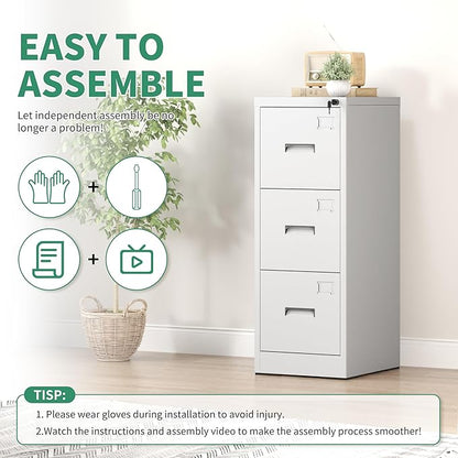 3 Drawer File Cabinet, Vertical File Cabinets with Lock for Home Office,Heavy Duty Office Steel Filing Cabinet for Hanging Letters/Legal/A4, Assembly Required (White)