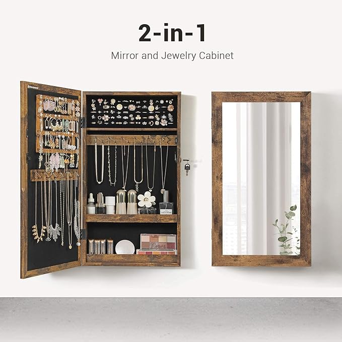 SONGMICS Lockable Jewelry Cabinet Armoire with Mirror, Wall-Mounted Space Saving Jewelry Storage Organizer, Rustic Brown UJJC051K01