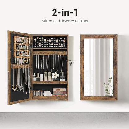 SONGMICS Lockable Jewelry Cabinet Armoire with Mirror, Wall-Mounted Space Saving Jewelry Storage Organizer, Rustic Brown UJJC051K01