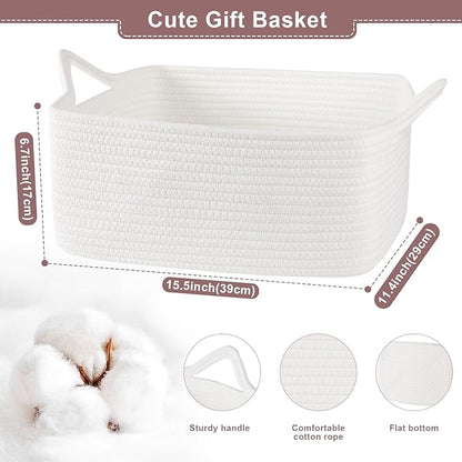 Basket for Gifts Empty, Woven Storage Basket with Gift Bag, Ribbon and Wrap Tissue Paper, Small Rope Toy Storage with Handles for Baby Shower, Dog Toy Organizer, 15.5" x 11.4" x 6.7"