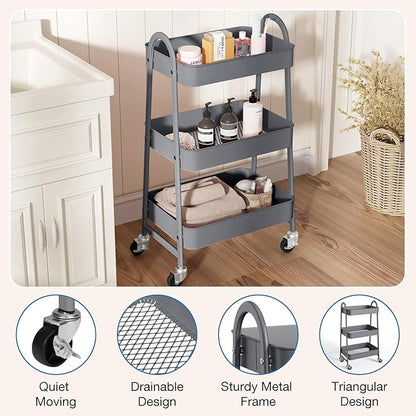OLIXIS 3 Tier Utility Rolling Cart, Metal Mobile Storage Shelf with Lockable Caster Wheels, Organization for Livingroom, Bathroom & Narrow Places, Gray