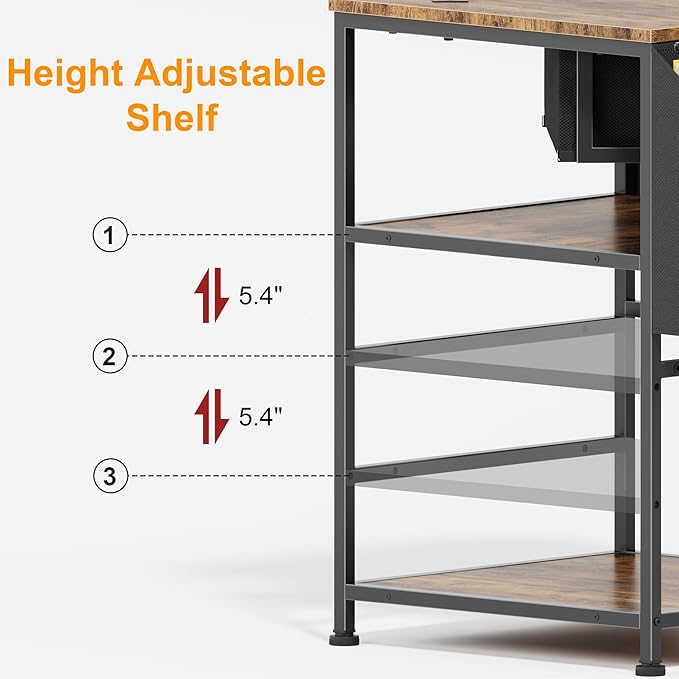 YAOHUOO Corner Printer Stand, Corner Table with Power Outlet/Storage Fabric Drawer，Printer Cart for Home Office with Height Adjustable Shelf/Side Pocket, Rustic Brown