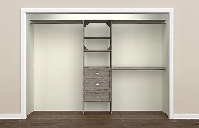 ClosetMaid SuiteSymphony Wood Closet Organizer Kit with Tower, 3 Hang Rods, Top Shelves, 3 Drawers, Adjustable, Fits Spaces 6 - 10 ft. Wide, Graphite Grey