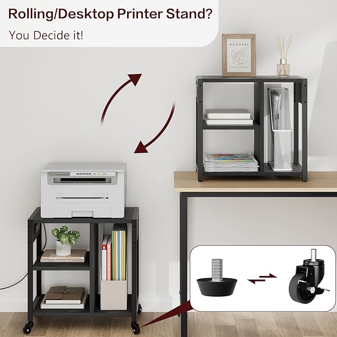 IDEALHOUSE Under Desk Printer Stand with Power Outlets and USB Charging Ports, Desktop Printer Table with Storage Shelf, 4 Tier Mobile Printer Stand with Wheels for Home Office, Rustic Black