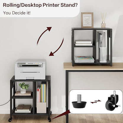 IDEALHOUSE Under Desk Printer Stand with Power Outlets and USB Charging Ports, Desktop Printer Table with Storage Shelf, 4 Tier Mobile Printer Stand with Wheels for Home Office, Rustic Black