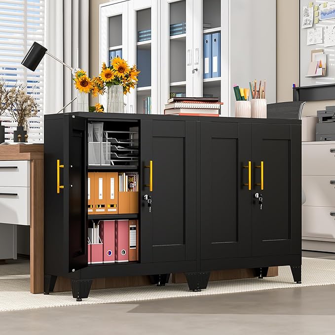 35.43" Metal Storage Cabinet with Lock, Metal File Cabinet with 2 Doors ＆ 2 Adjustable Shelves, Steel Locker Utility Tool Garage Cabinets for Home, Office, Warehouse (Black)