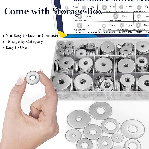 ZQZ 290Pcs Flat Washers, 304 Stainless Steel Fender Washers Assortment, 15 Different Sizes Wide Washer M3 M4 M5 M6 M8 M10 M12 Assorted Flatwashers Kit
