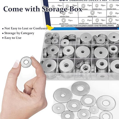 ZQZ 290Pcs Flat Washers, 304 Stainless Steel Fender Washers Assortment, 15 Different Sizes Wide Washer M3 M4 M5 M6 M8 M10 M12 Assorted Flatwashers Kit