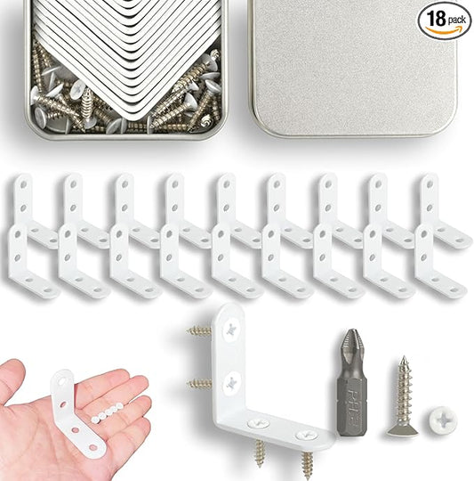 18Pcs White L Bracket & 72 Pcs Screws, 1.57x1.57 Inch Corner Brace, Small Right Angle Bracket, Shelf Bracket, Corner Fastener for Wood Furniture Bedframe Cabinet Drawer Chair