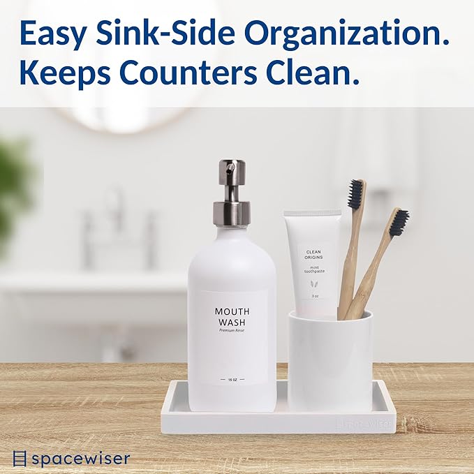 Countertop and Vanity Tray - Small 7.7” Silicone Tray for Soap Dispenser, Bathroom Trays, Dish Soap Trays for Kitchen Counter, Sink Caddy Sinks Organizer, Soaps Dish & Sponge Holder, White