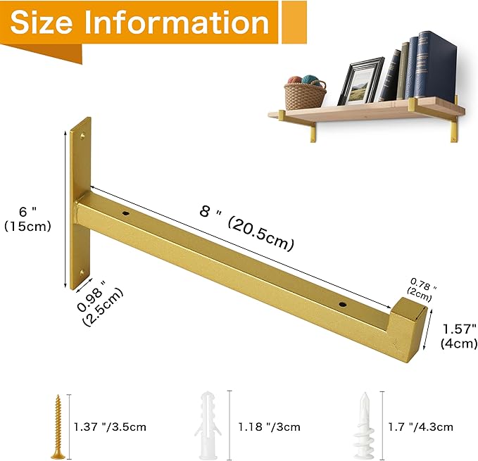 6 Pcs Heavy Duty Shelf Brackets 8 Inch Wall Mounted Industrial Metal Shelving Supports with Lip Gold