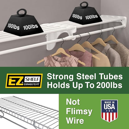 EZ Shelf - White Expandable 65.3” to 120” Closet Rod and Shelf - 200 lbs. Capacity – Quick - Install Closet Shelves for Closets, Laundry Rooms, and Offices – Mounts to Back Wall with 2 End Brackets