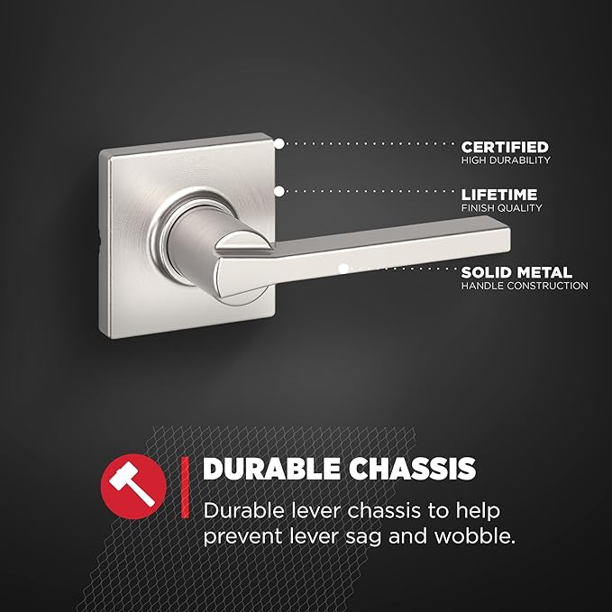 Kwikset Casey Interior Passage Door Handle, Lever for Closet and Hallway Doors, Reversible Non-Locking Handle Lever, Satin Nickel, with Microban Protection (Pack of 2)