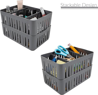Simplify 4 Pack 3 Compartment Stackable Bin with Adjustable Dividers | Drawer Organizer | Storage Basket | Good for Office | Desk Supplies | Dorm | Bathroom | Accessories | Make Up | Grey