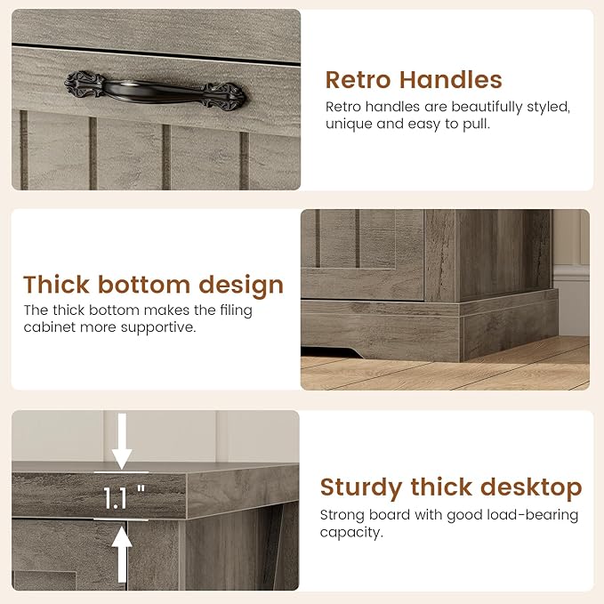 SEDETA 3 Drawer File Cabinet, Farmhouse Filing Cabinet for Home Office, Wood Office File Cabinets for Letter/Legal/A4 Size, Lateral File Cabinets with Printer Stand for Study Room, Living Room (Grey)