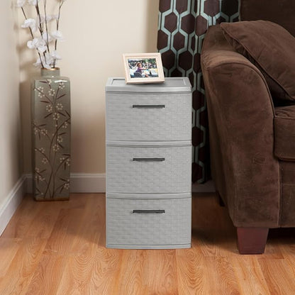 Sterilite 2 Pack 3 Drawer Storage Tower, Plastic Weave Medium Organizer, Cement - Lightweight Opaque Container for Bedrooms, Closets, or Bathrooms