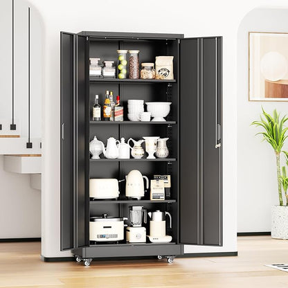 Bonusall Garage Cabinets with Wheels, 73" H Metal Locking Cabinet with 2 Doors and 4 Shelves, Storage Cabinet on Wheels for Home Office,Warehous, School(Black