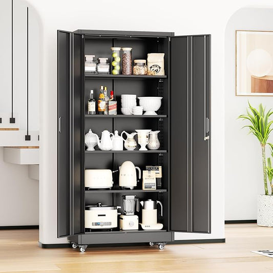 Bonusall Garage Cabinets with Wheels, 73" H Metal Locking Cabinet with 2 Doors and 4 Shelves, Storage Cabinet on Wheels for Home Office,Warehous, School(Black