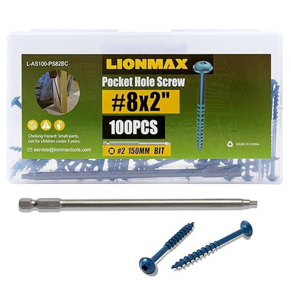 LIONMAX Pocket Hole Screws 2 Inch, 100 PCS Exterior Pocket Screw #8 x 2, Coarse Thread, Square Drive, Blue Coated Weather Resistant Pocket Hole Screws, 150MM Drive Bit Included